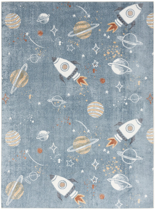 Rectangular blue space-themed rug featuring white rockets, ringed planets, stars & orange accents.