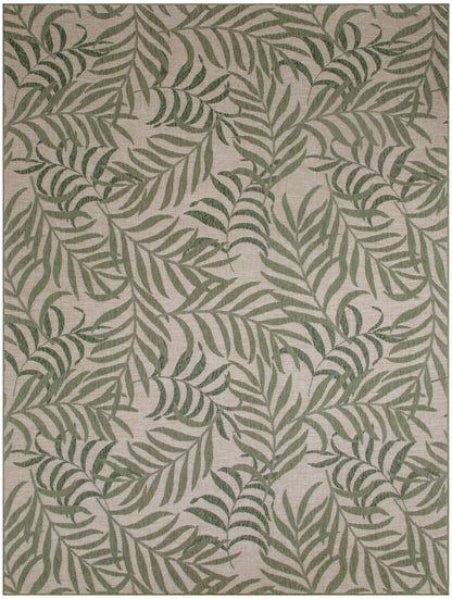 Beige rectangular rug with green botanical leaf pattern; fern-like leaves in soft earthy tones, decorative living room rug