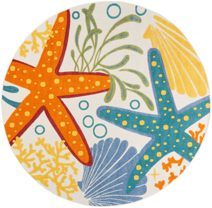 Round coastal placemat with orange and teal starfish, seaweed and shells in bright nautical colors.