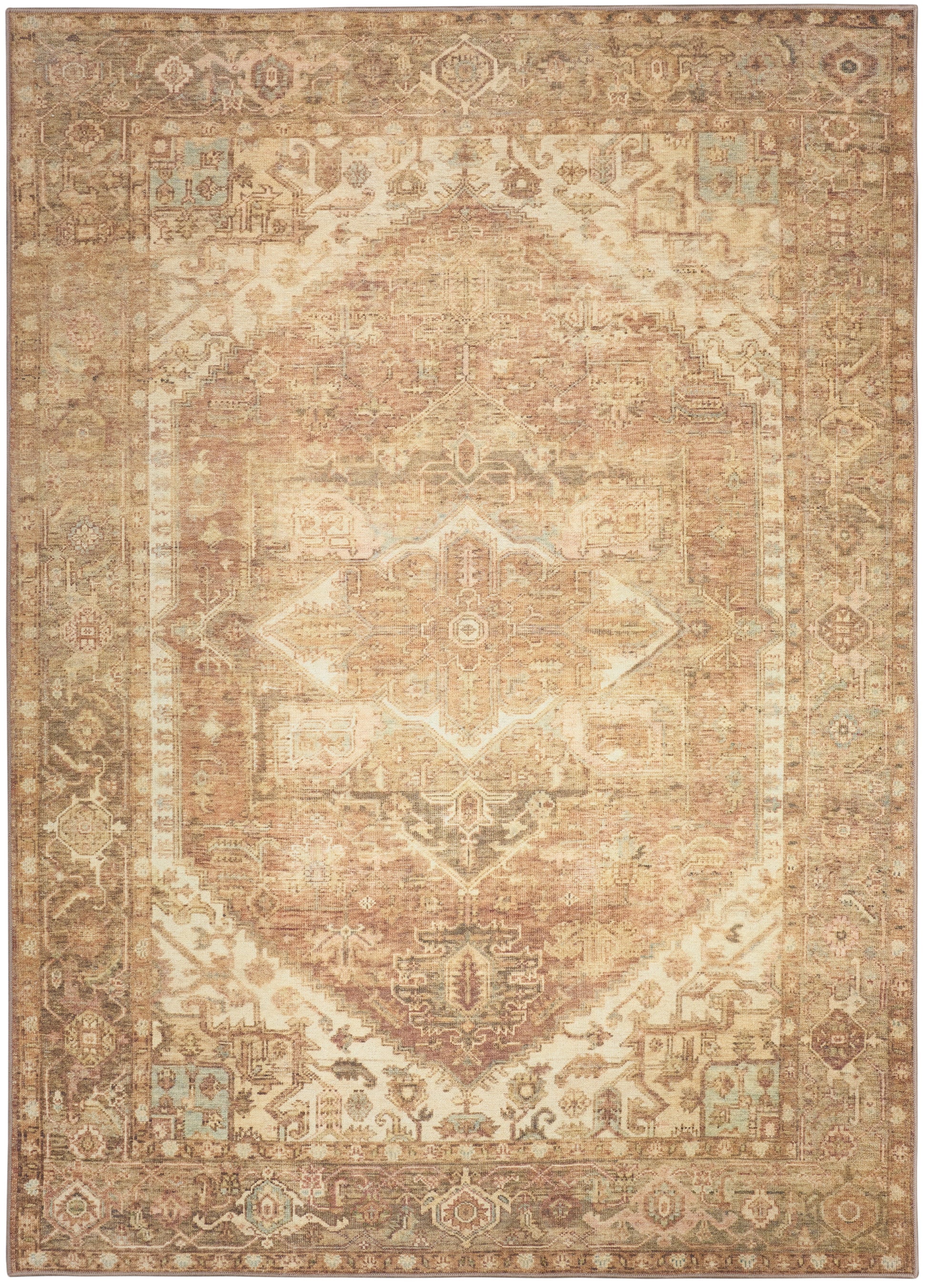 Rectangular vintage-style oriental rug in warm beige and cream with a central faded medallion and ornate border.