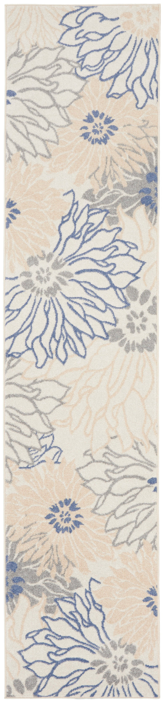 Runner rug with oversized blue-outlined floral motifs in peach, gray, and ivory on cream background.