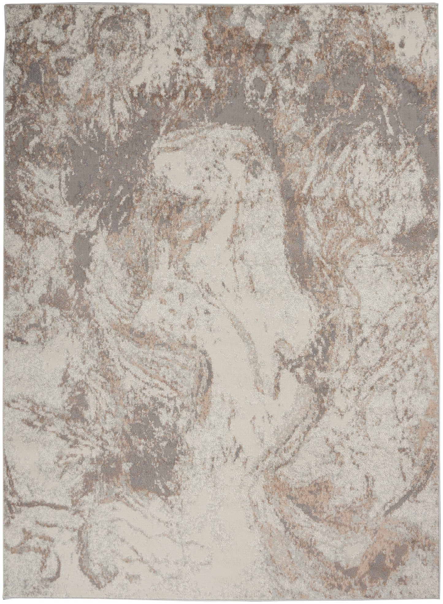 Rectangular neutral-toned rug in cream, taupe and gray with a marbled distressed pattern.
