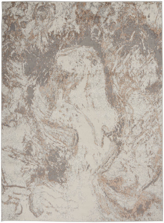 Rectangular neutral-toned rug in cream, taupe and gray with a marbled distressed pattern.