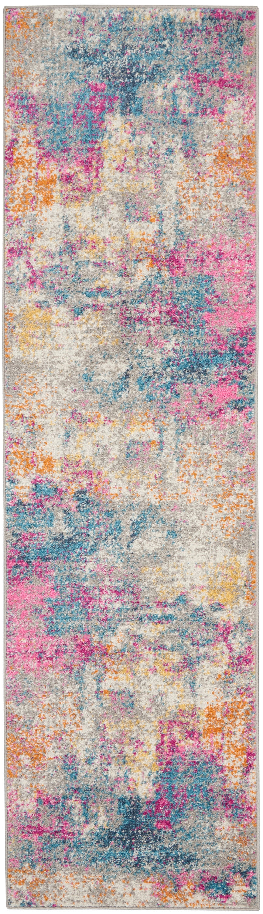 Long abstract multicolor rug runner with watercolor-like blotches in pink, blue, orange, teal on gray base.
