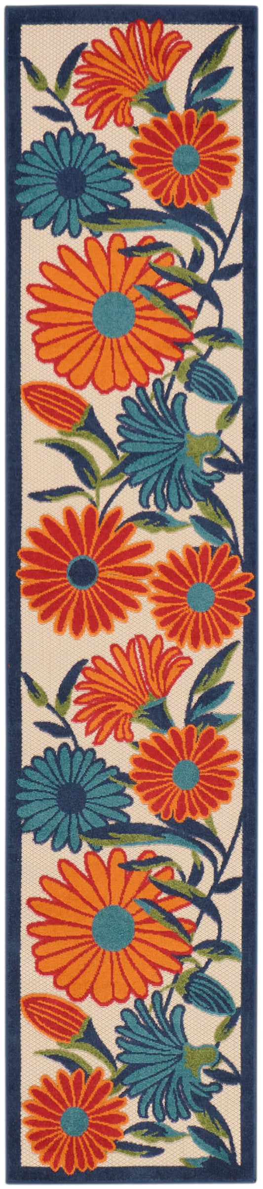 Long floral rug runner with bright orange and teal daisy-like flowers on beige background and navy border.