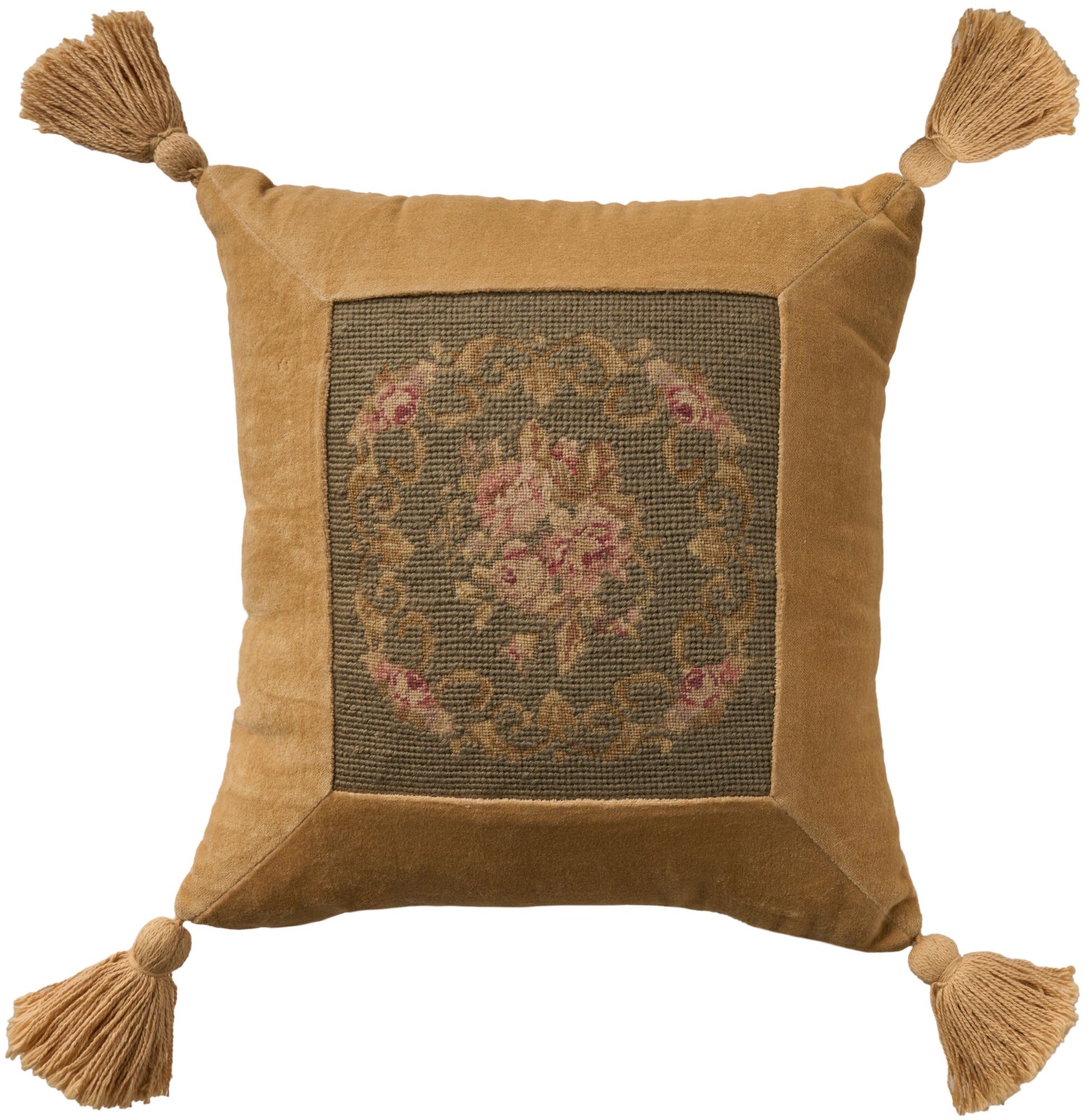 Sage velvet square pillow with a central vintage tapestry panel featuring pink floral motif & tassel corners.