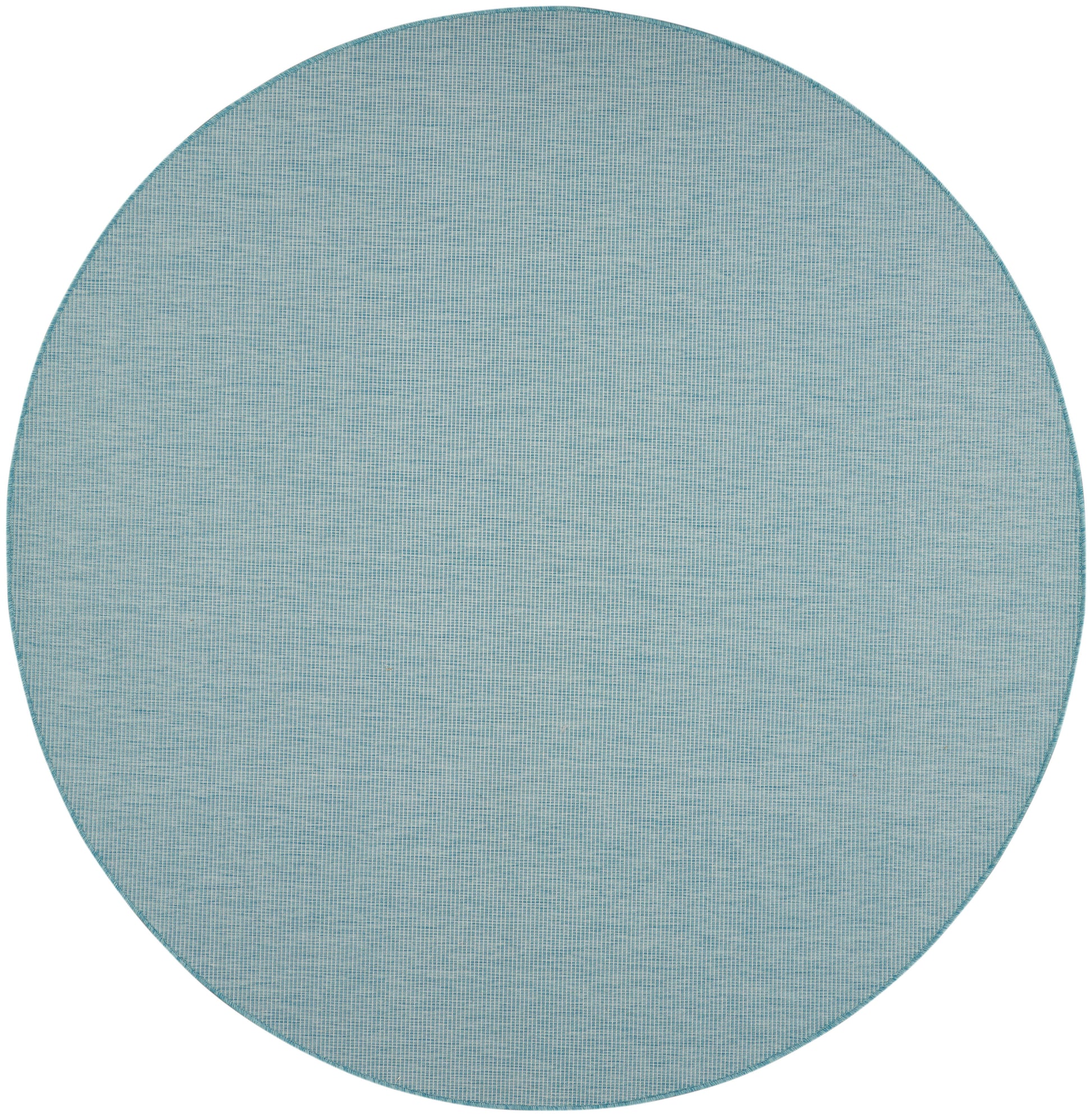 Round teal-blue woven rug with fine grid texture and stitched edge.