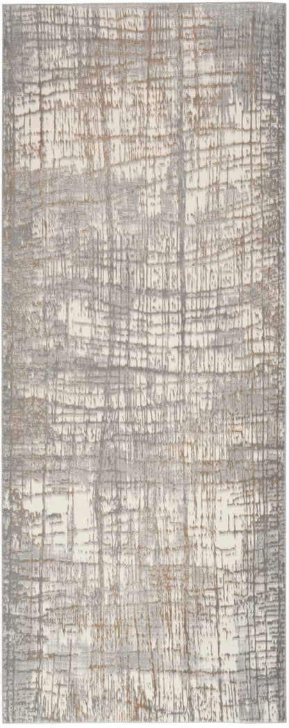 Neutral gray-beige abstract runner rug with a distressed grid pattern; rectangular, modern, soft texture.