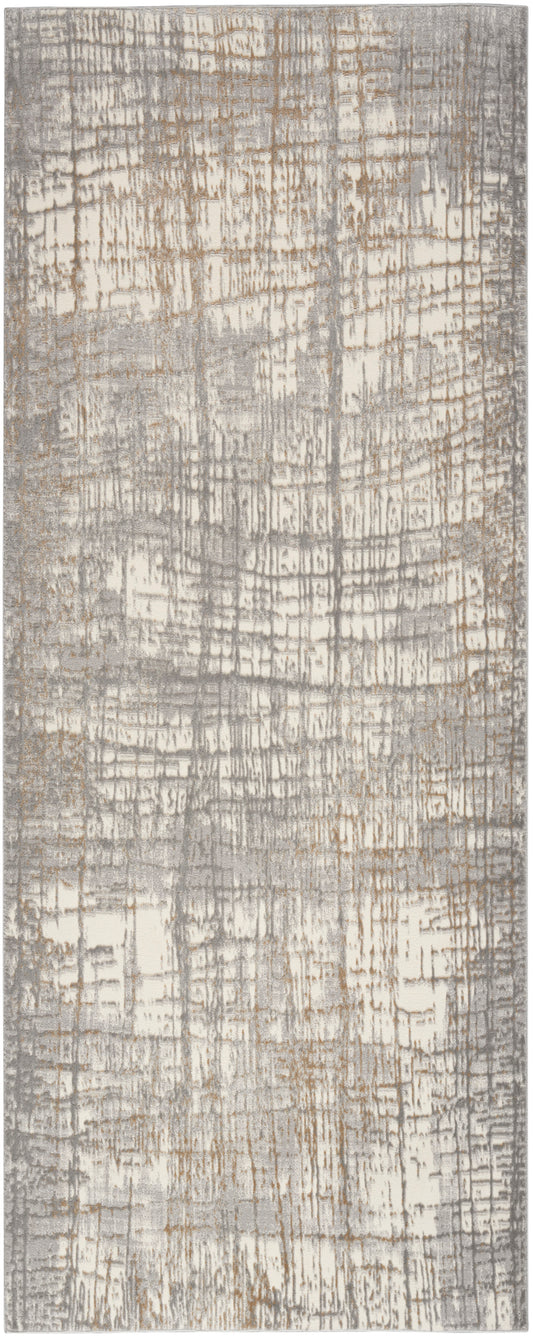 Neutral gray-beige abstract runner rug with a distressed grid pattern; rectangular, modern, soft texture.