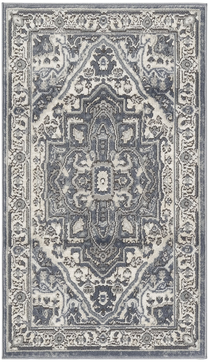 Grey, ivory, and navy Persian-inspired area rug with a central medallion, ornate floral motifs and decorative border.