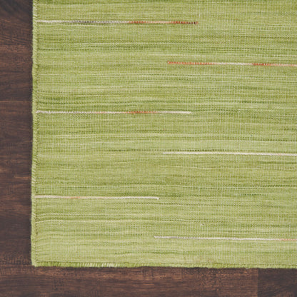 Green woven rug with subtle cream horizontal stripes, 10' x 14', on a dark wooden floor