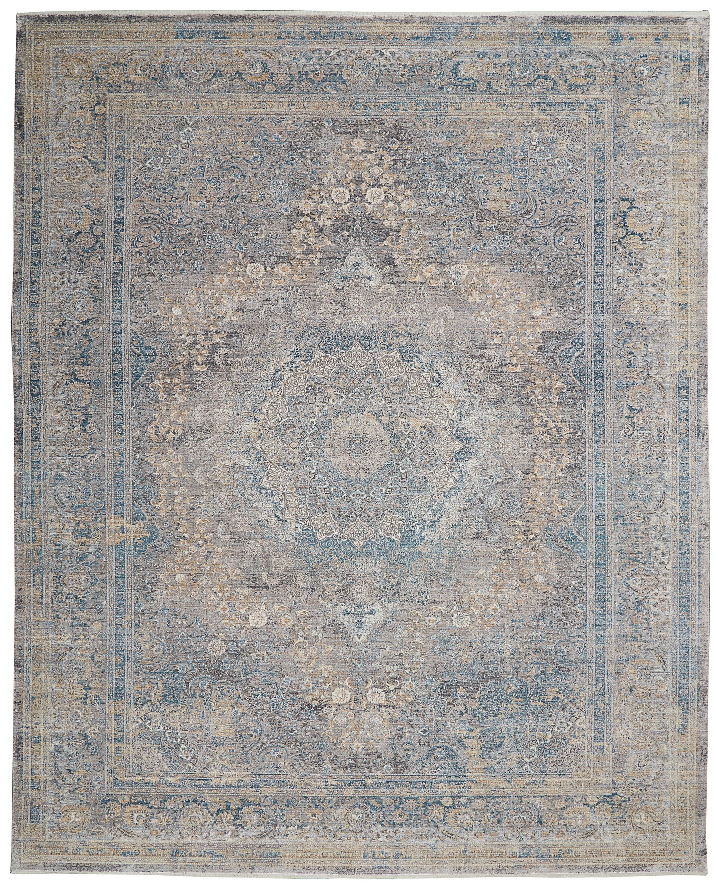 Blue-gray distressed Persian-style area rug with central medallion, floral motifs, and ornate borders.