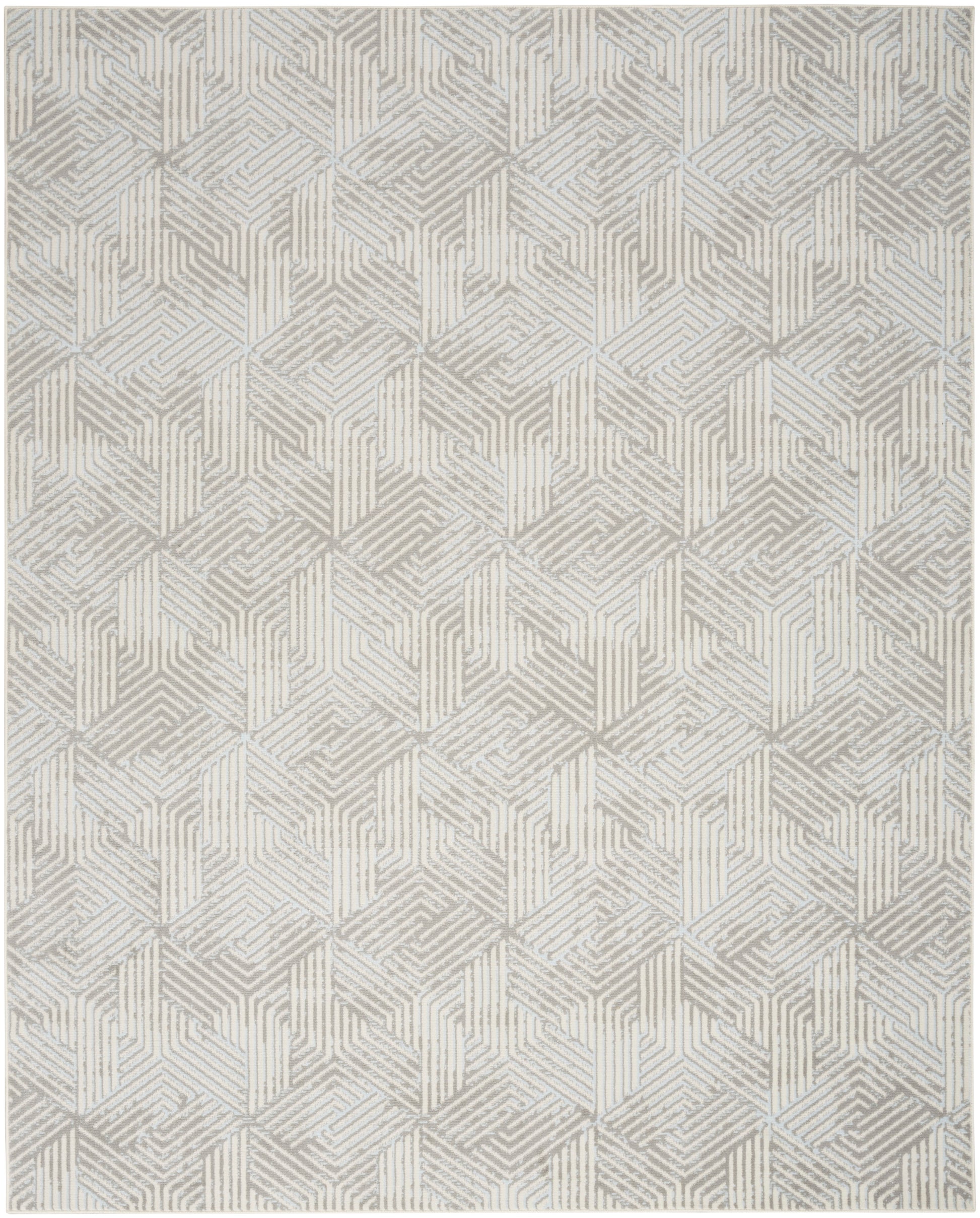 Light gray and ivory geometric rug with interlocking 3D cube pattern, contemporary living room floor decor.