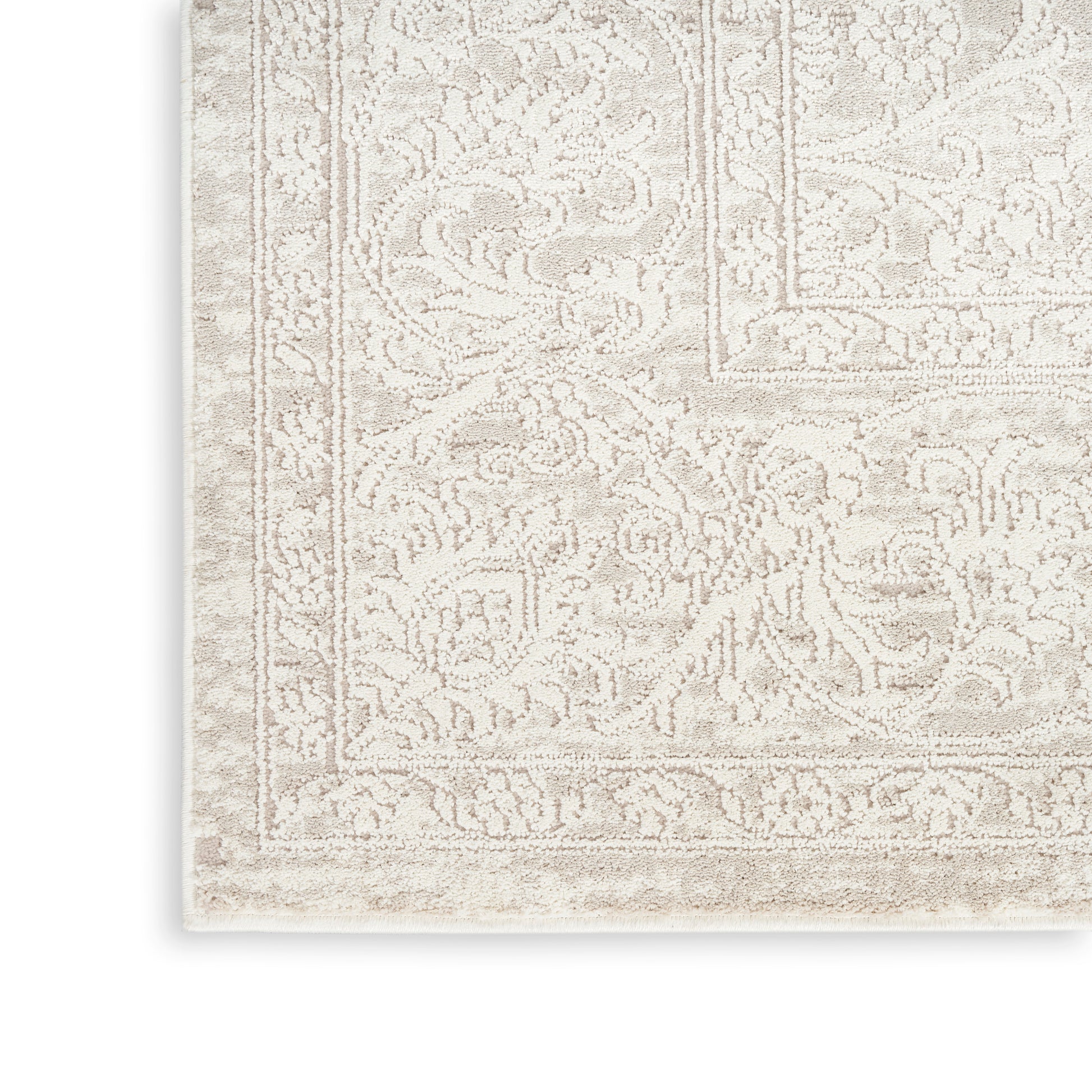 Cream and beige Persian-style area rug with ornate floral border and subtle distressed texture.