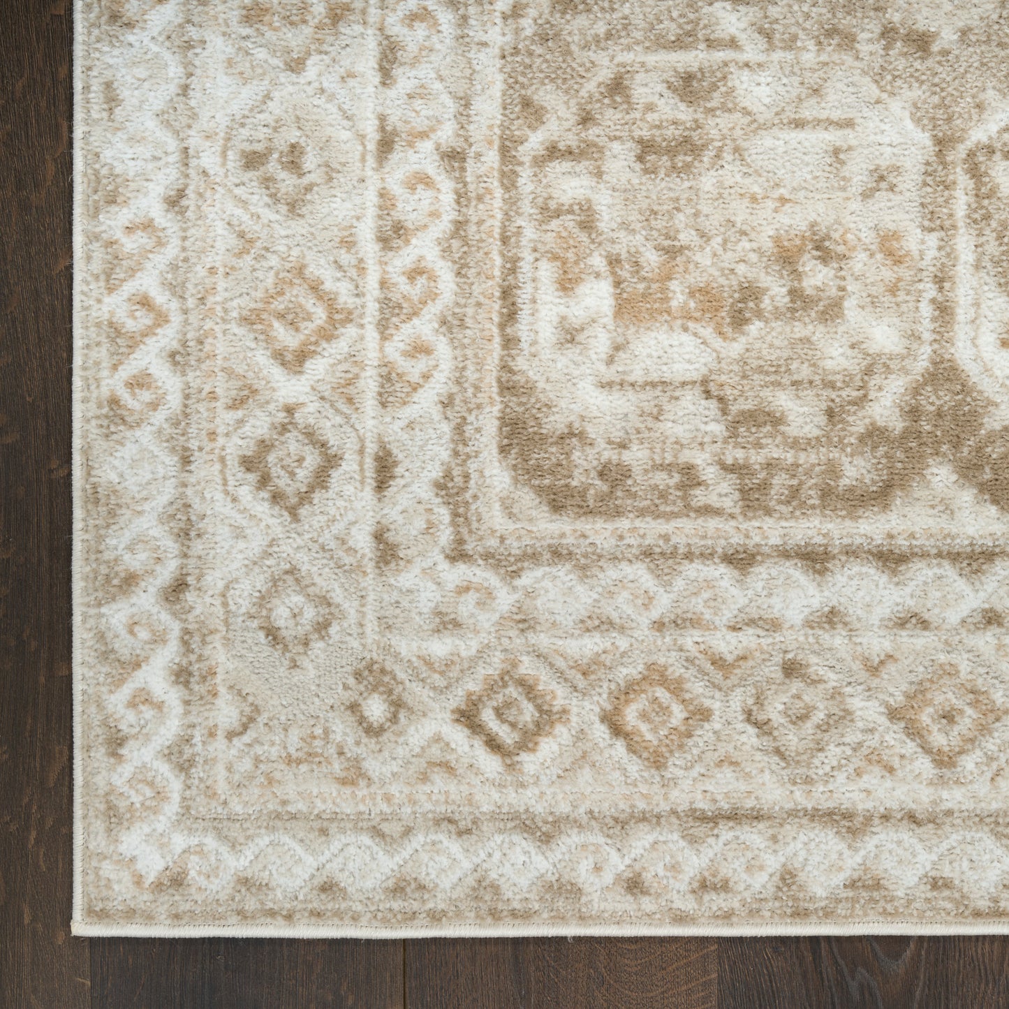 Beige oriental-style area rug with ivory medallion and geometric border on dark wooden floor.