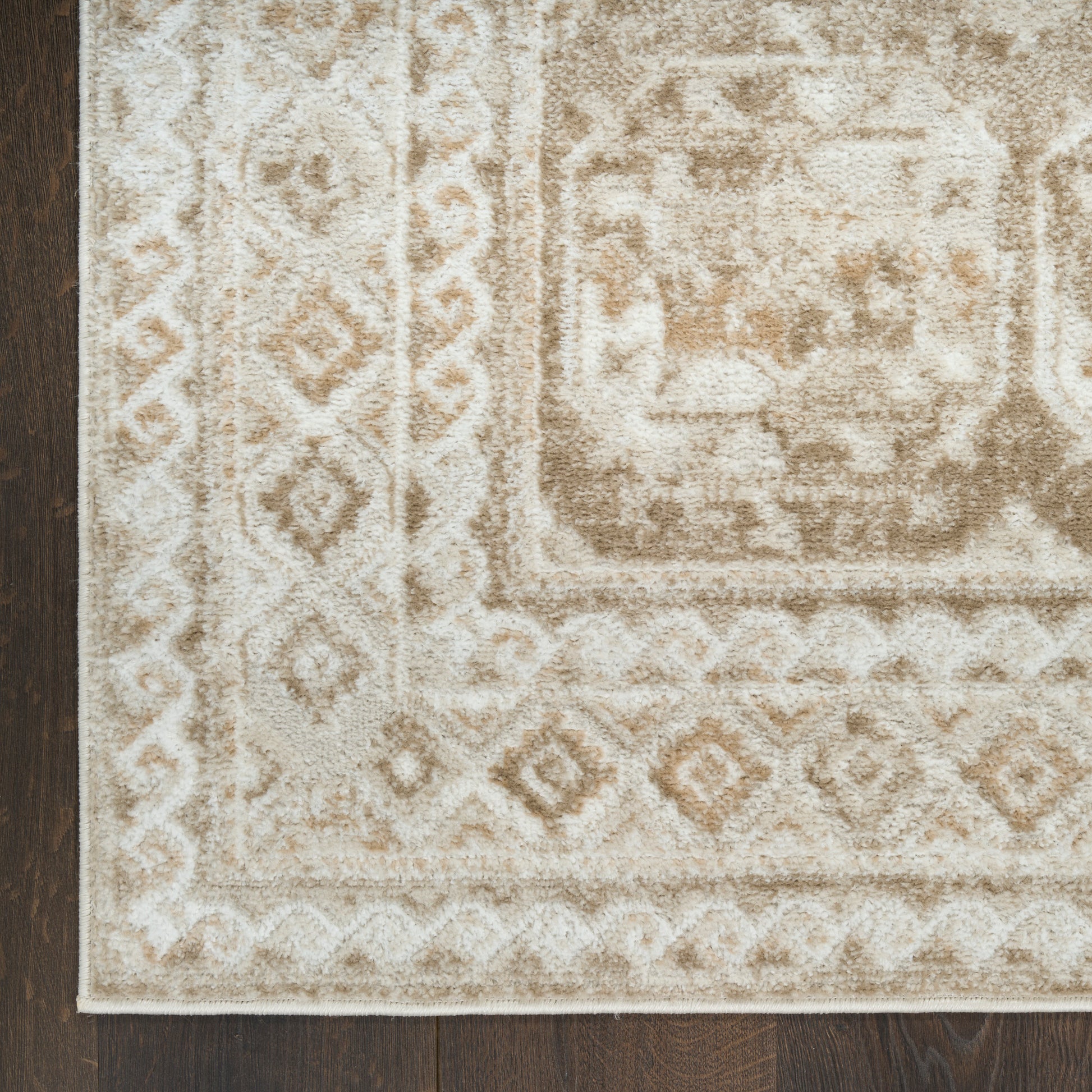 Beige oriental-style area rug with ivory medallion and geometric border on dark wooden floor.