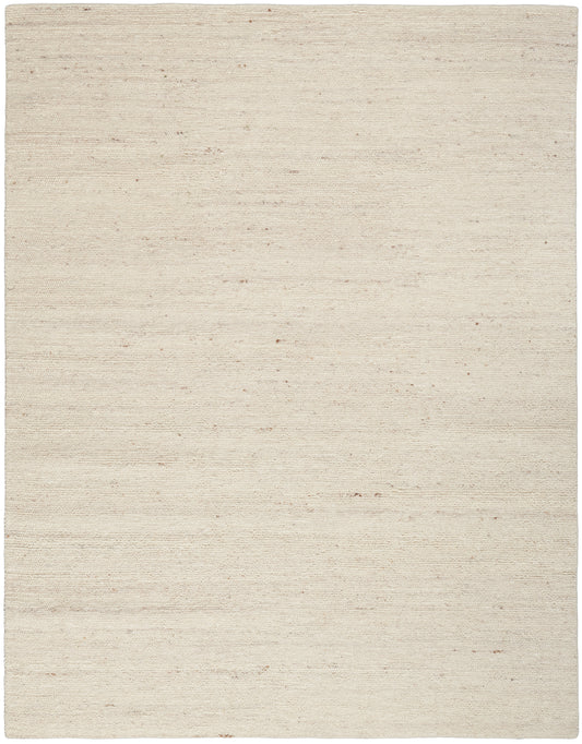 Neutral cream flat-weave rug with subtle speckled texture; rectangular, minimalist style.