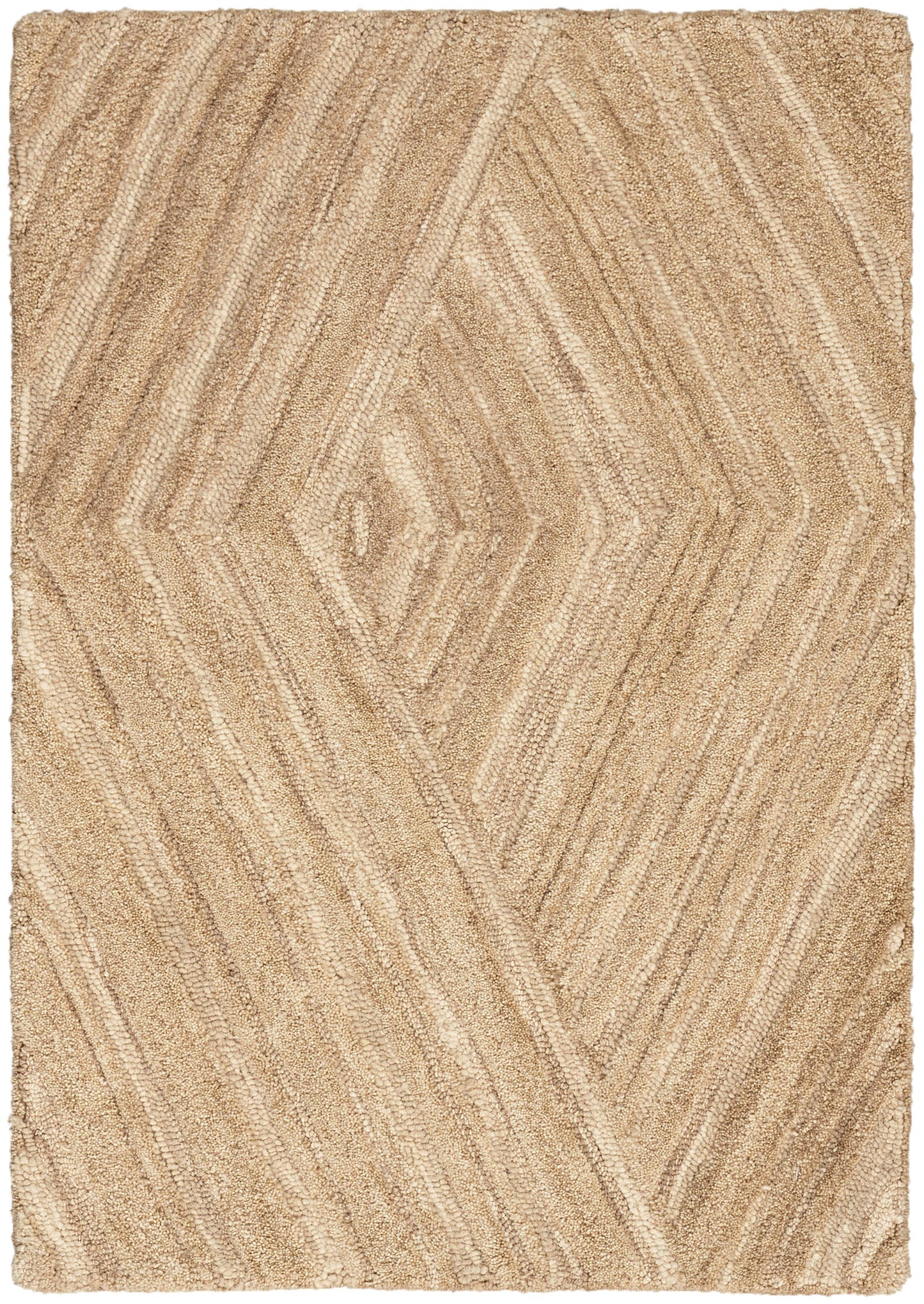 Beige textured rug with geometric chevron/diamond pattern and soft plush pile.