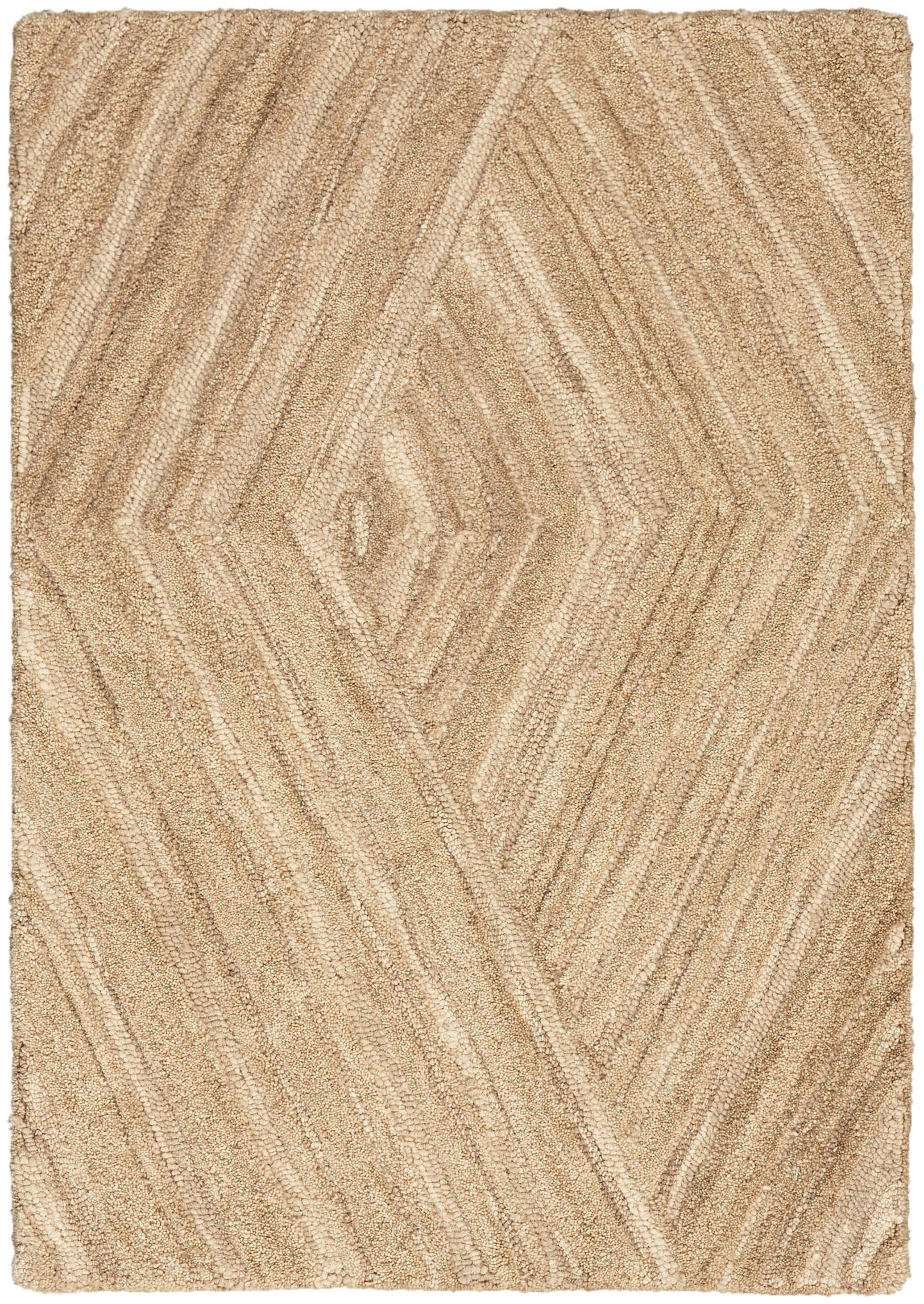 Beige textured rug with geometric chevron/diamond pattern and soft plush pile.