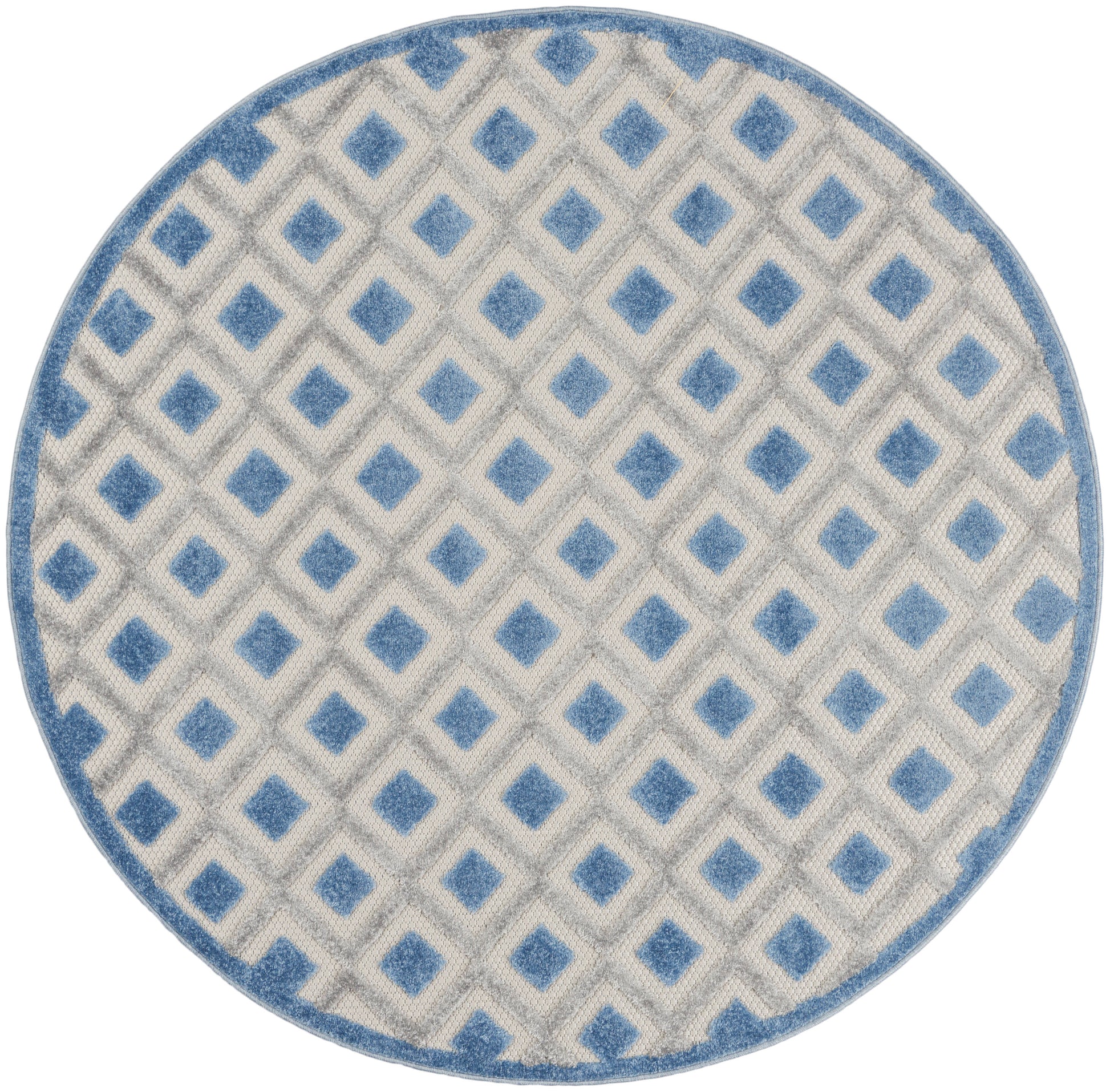 Round rug with blue border, off-white field, and repeating blue diamond lattice pattern; modern geometric style.
