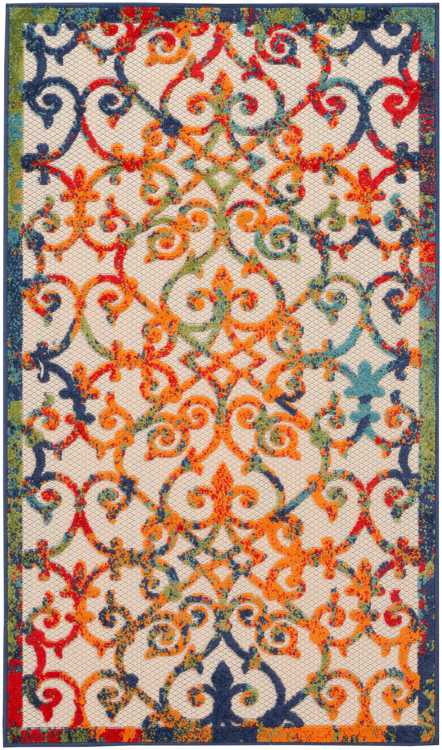 Rectangular textured cut-pile rug with cream field and vibrant orange, teal, blue, red arabesque scrollwork and navy border.