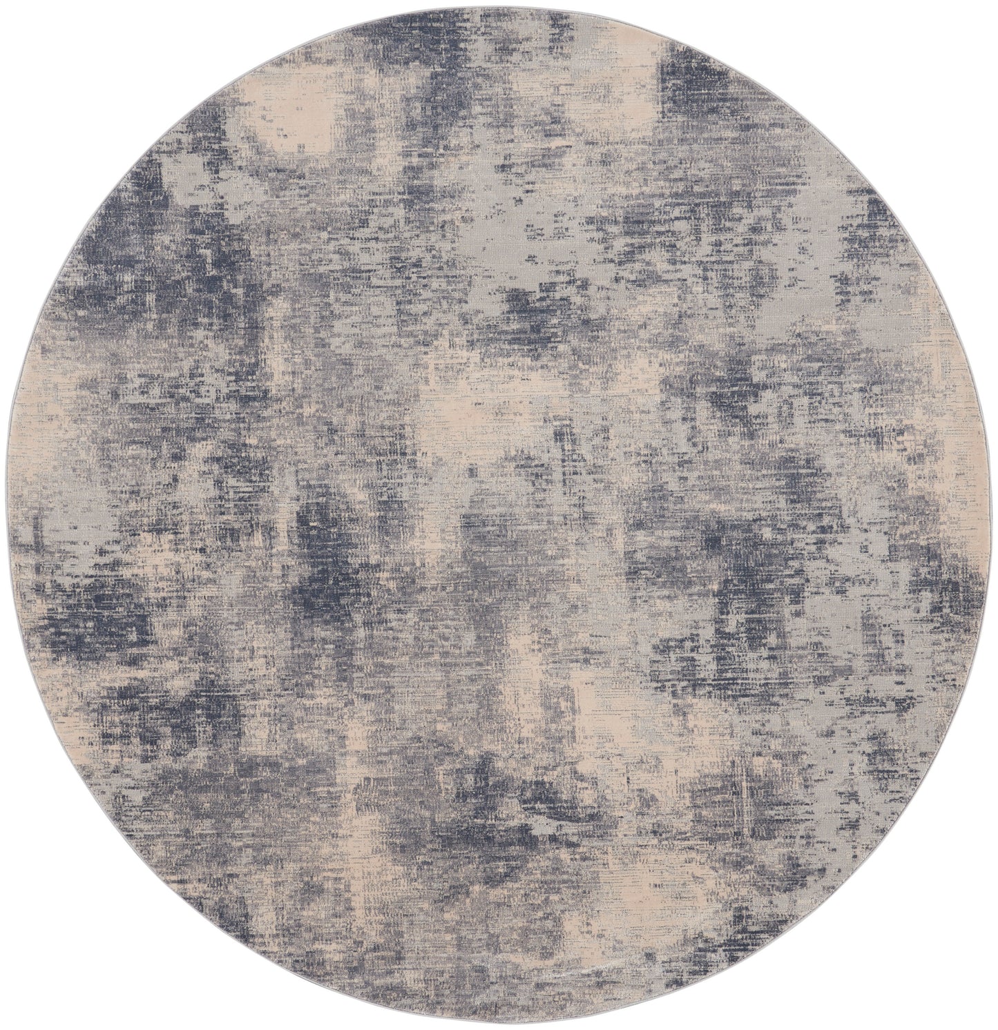 Round area rug with distressed abstract pattern in grey and beige.