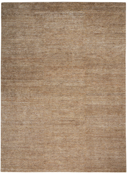 Beige-brown textured area rug with subtle horizontal stripes and a vintage worn-in look.