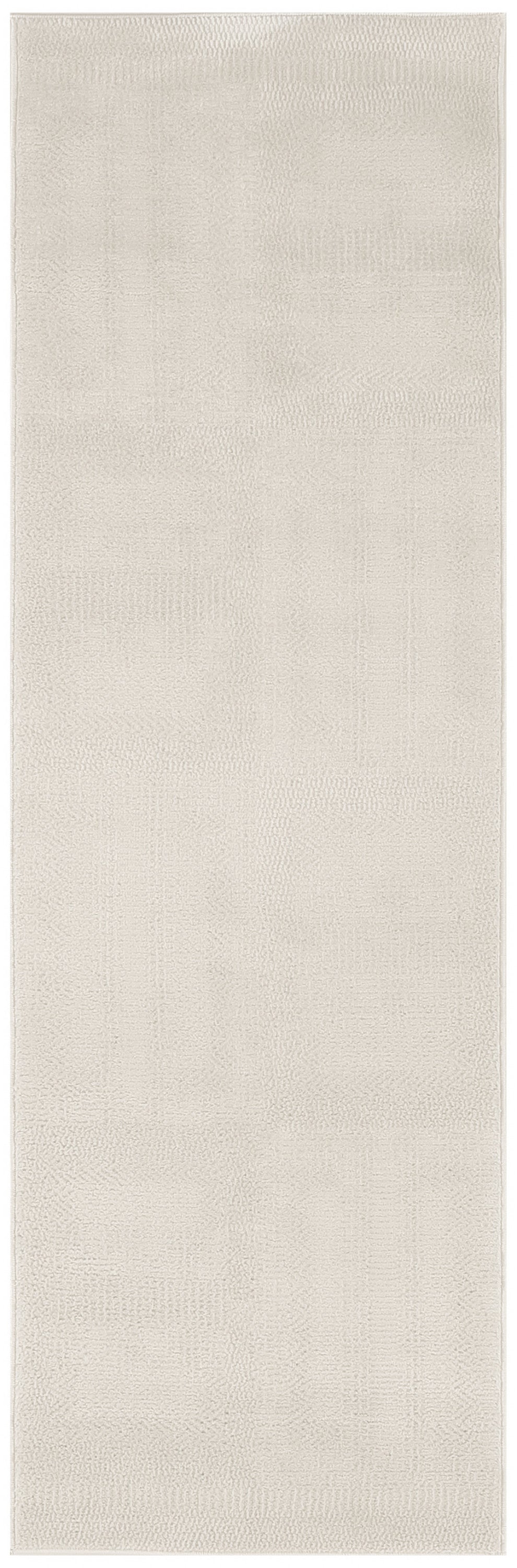 Beige textured runner rug with subtle plaid pattern; neutral cream tones.
