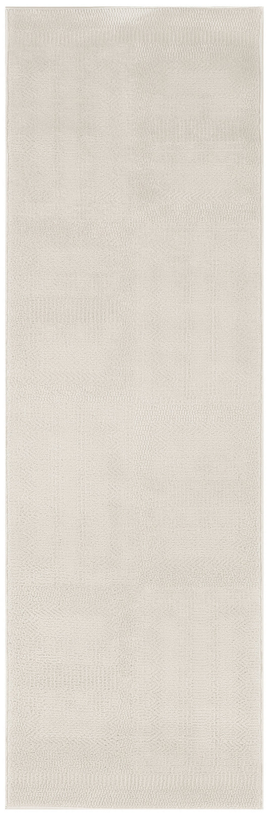 Beige textured runner rug with subtle plaid pattern; neutral cream tones.