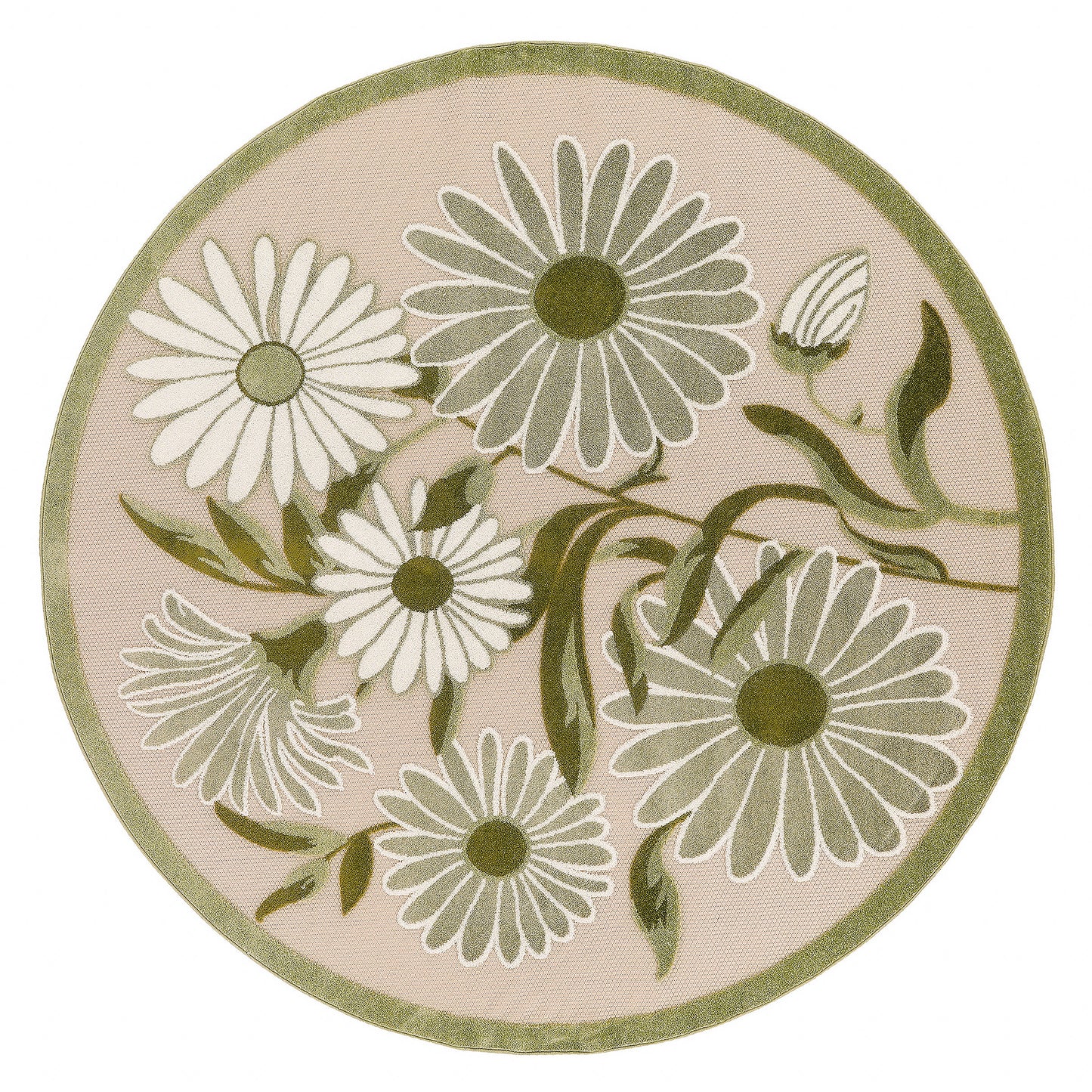 Circular rug with white daisies, green leaves on pink background, olive-green border.