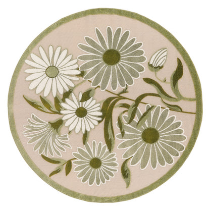 Circular rug with white daisies, green leaves on pink background, olive-green border.