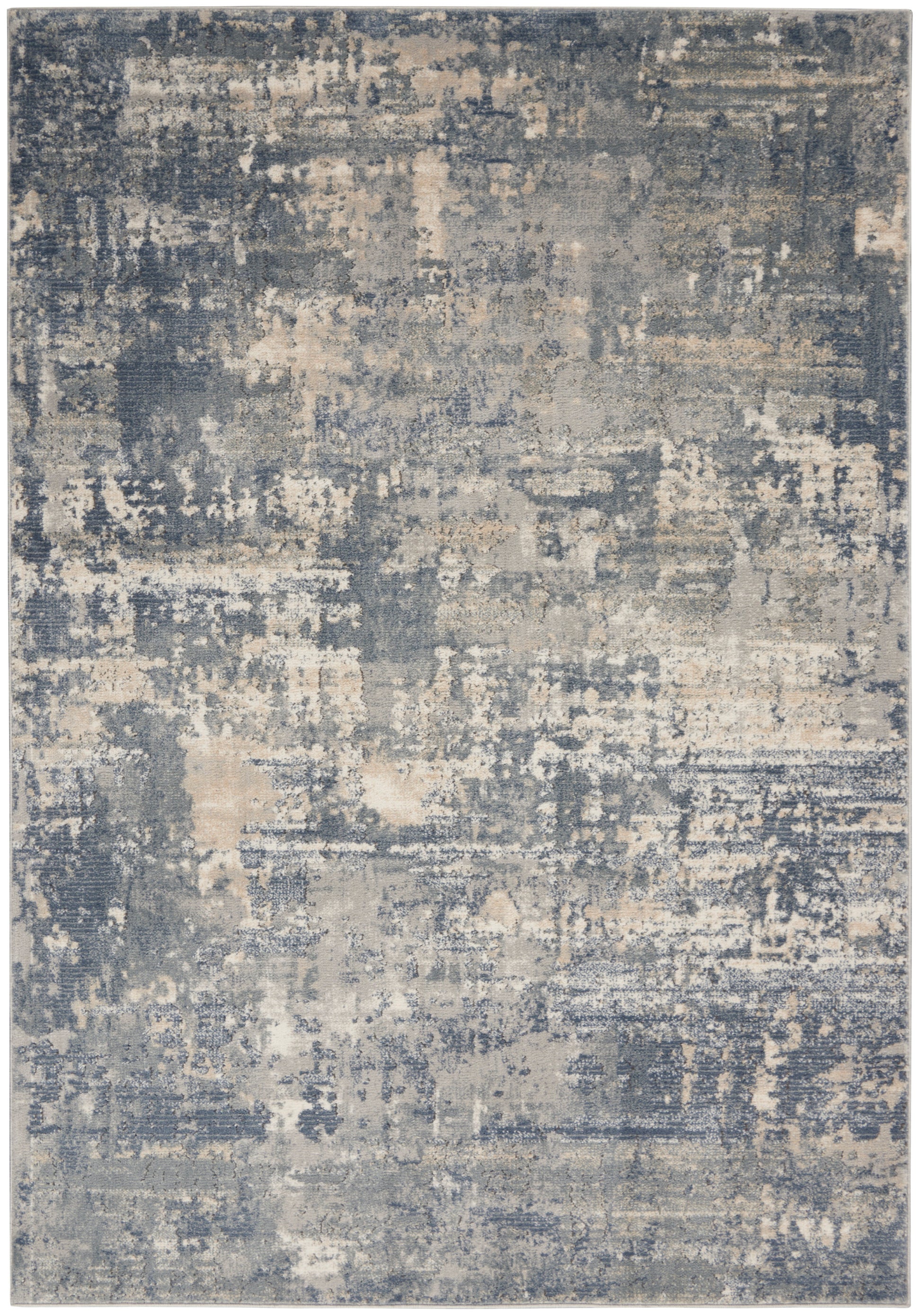 Rectangular abstract blue-gray and ivory distressed area rug with vintage weathered pattern; soft, plush texture.