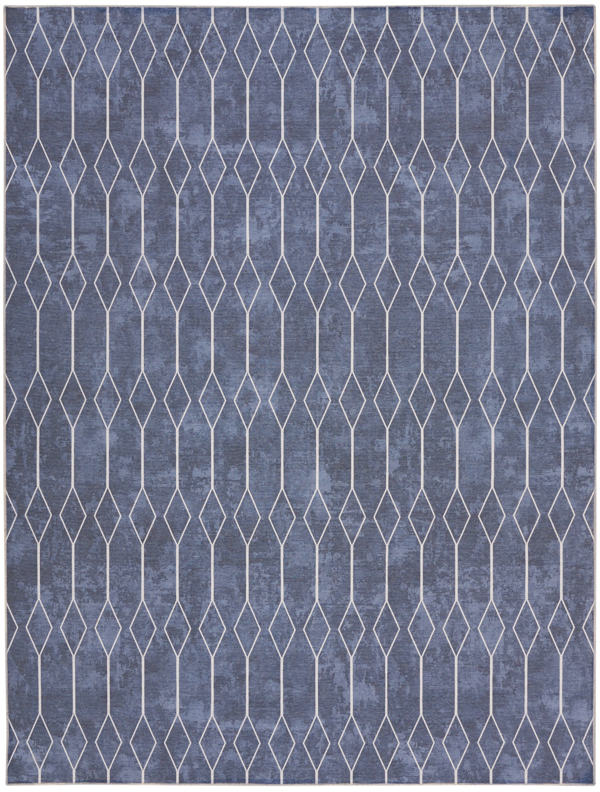 Blue rug with white diamond lattice pattern, modern geometric design, textured textile, rectangular area rug.