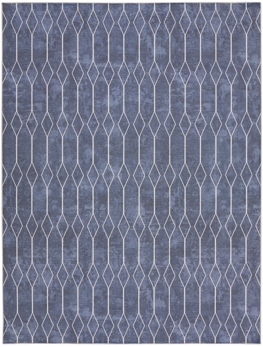 Blue rug with white diamond lattice pattern, modern geometric design, textured textile, rectangular area rug.