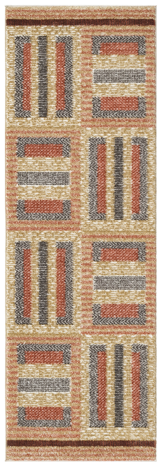 Long rectangular woven rug with beige background & rust, charcoal & cream geometric blocks; modern abstract pattern.