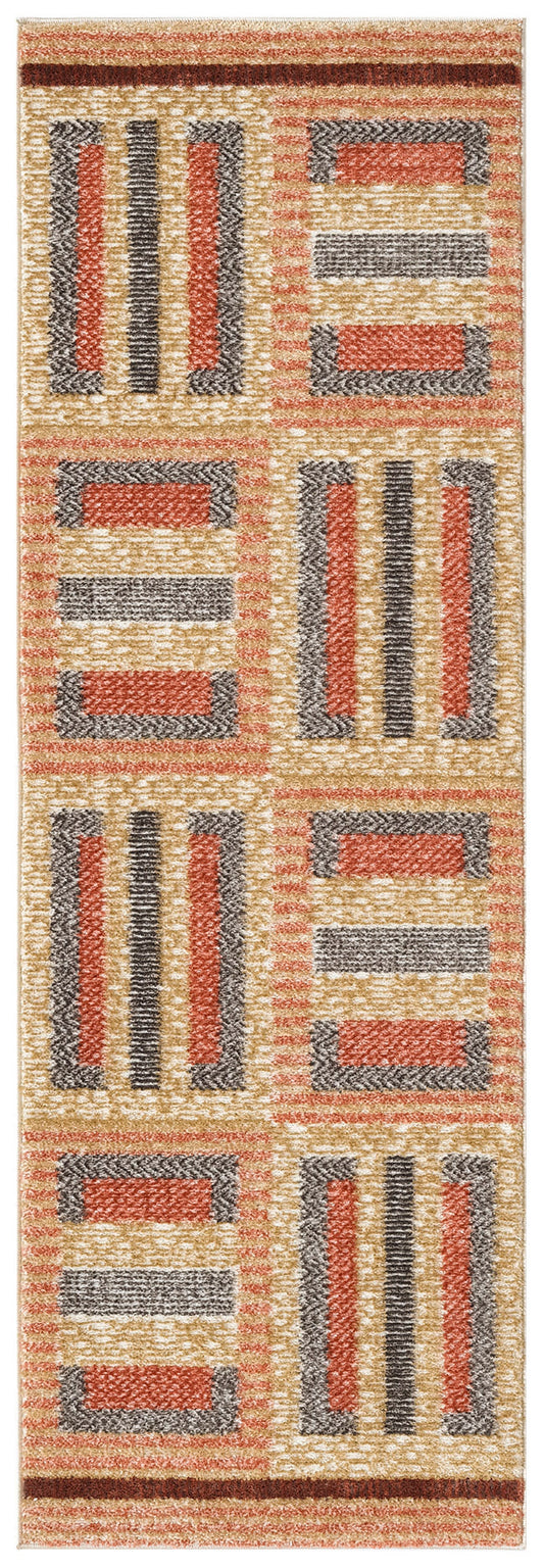Long rectangular woven rug with beige background & rust, charcoal & cream geometric blocks; modern abstract pattern.