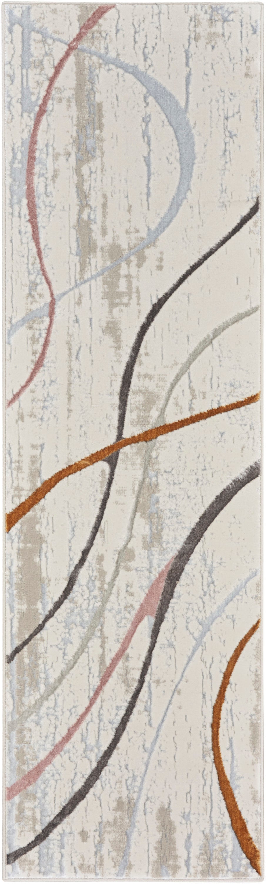 Abstract rug runner with curved red, blue, orange and black lines on a textured beige background, 8' long.