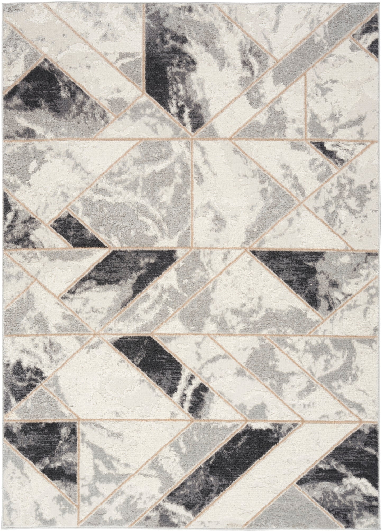 Tessellated geometric rug with ivory, gray, and black triangles and beige outlines; modern abstract living-room accent.