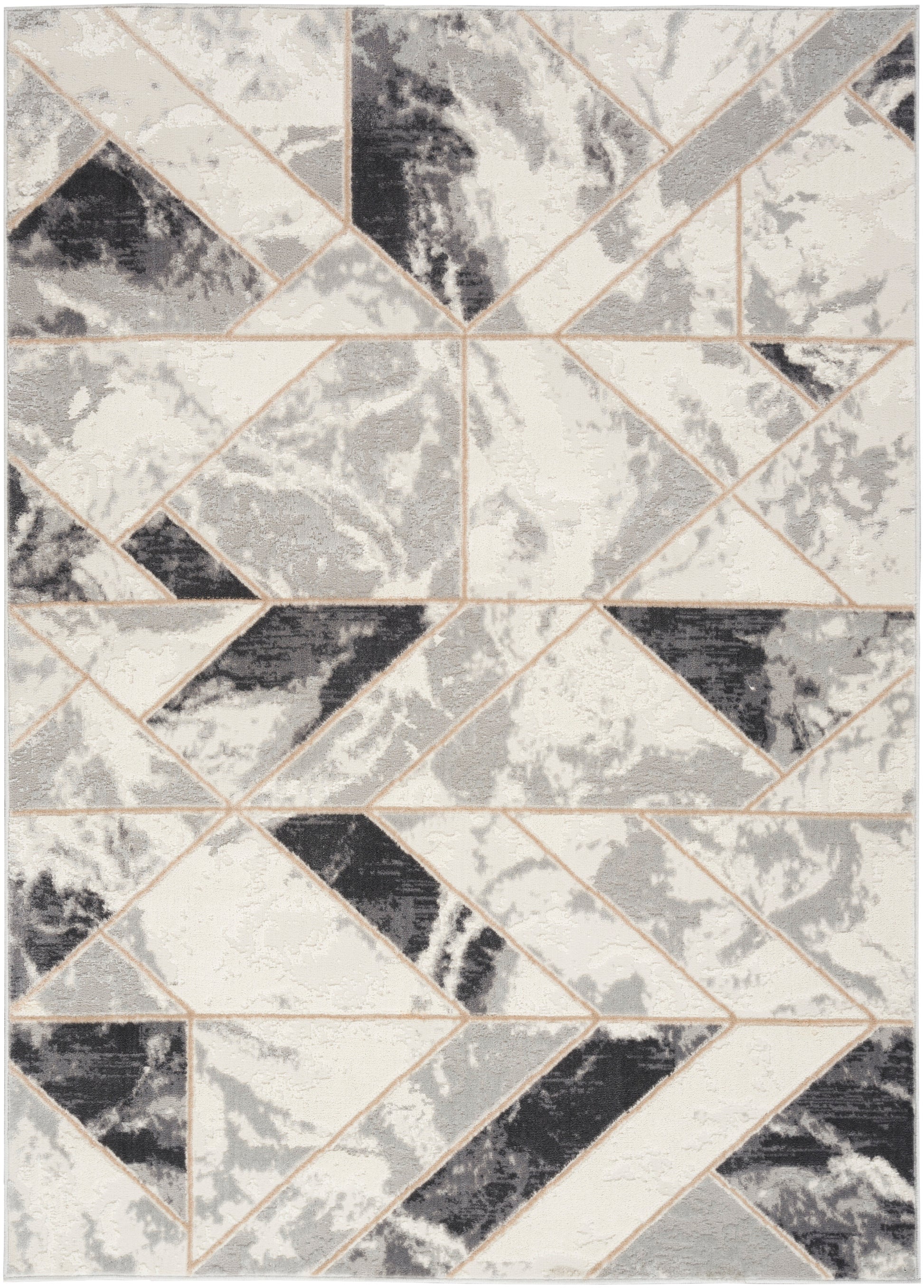 Tessellated geometric rug with ivory, gray, and black triangles and beige outlines; modern abstract living-room accent.