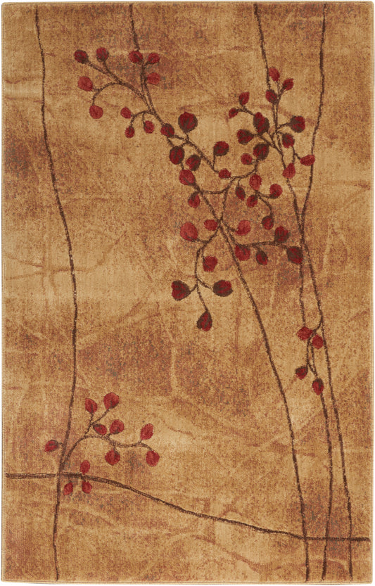 Beige rectangular rug with brown branch motifs and red berry clusters; plush, nature-inspired design.