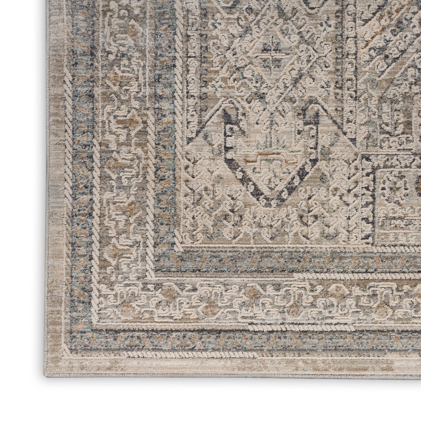 Traditional distressed Persian-style runner rug in ivory, gray and blue with ornate borders; rectangular, plush woven texture; 10 ft long.
