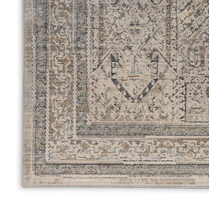 Traditional distressed Persian-style runner rug in ivory, gray and blue with ornate borders; rectangular, plush woven texture; 10 ft long.