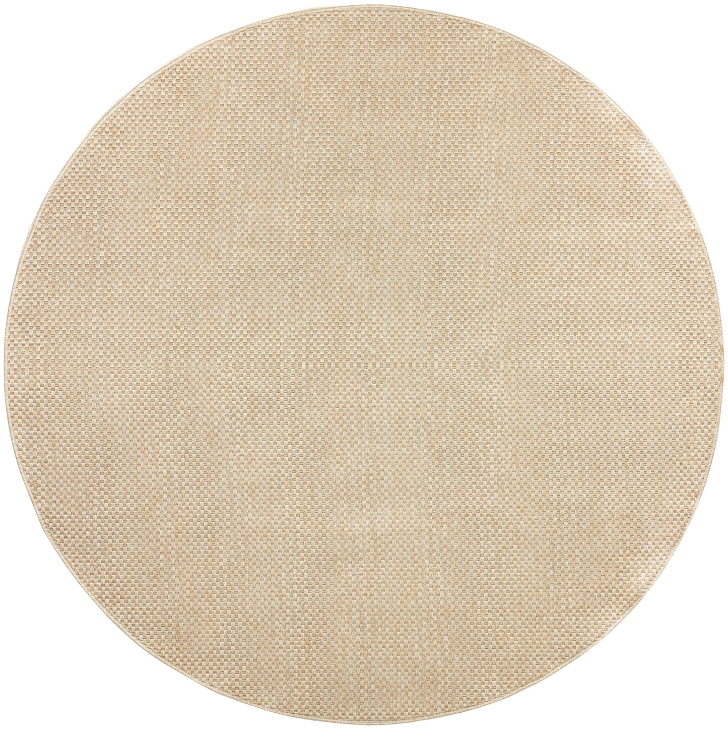 Beige 8' round outdoor rug with textured natural fiber weave.