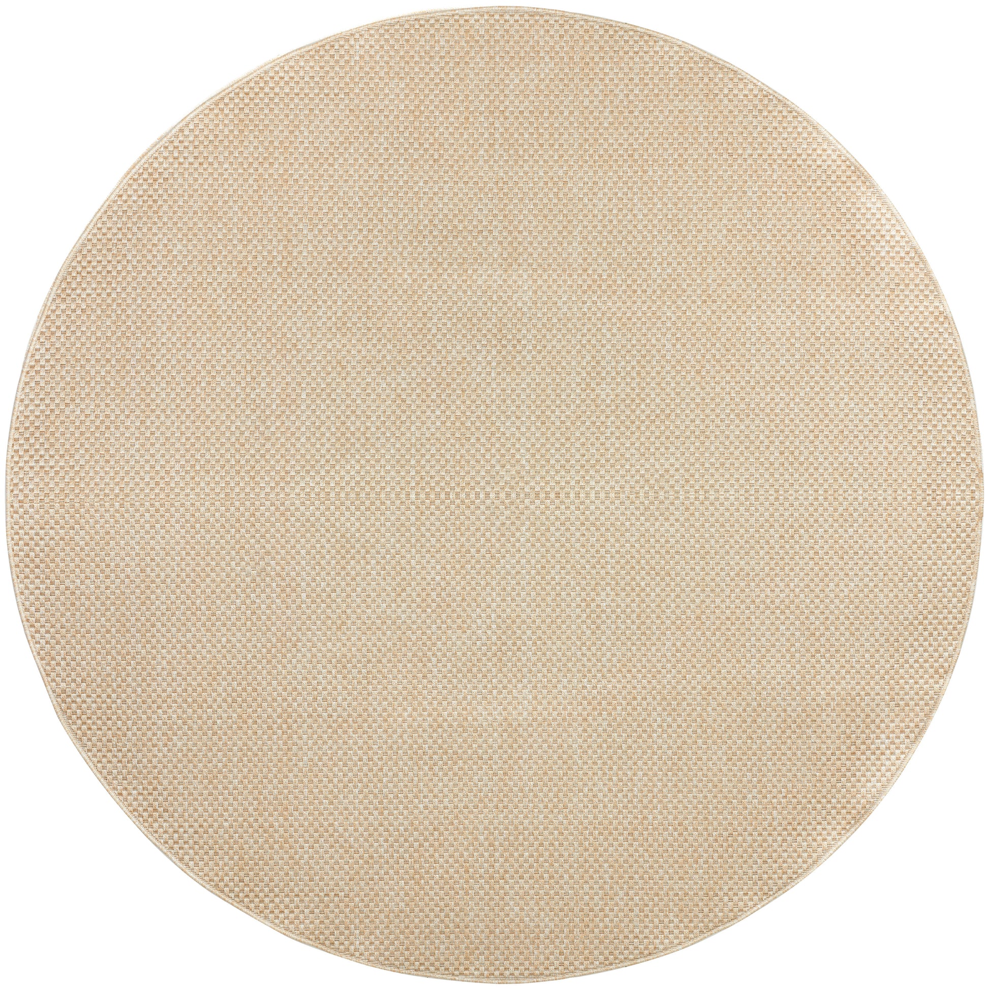 Beige 8' round outdoor rug with textured natural fiber weave.