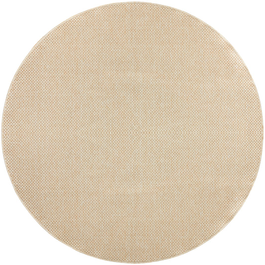 Beige 8' round outdoor rug with textured natural fiber weave.