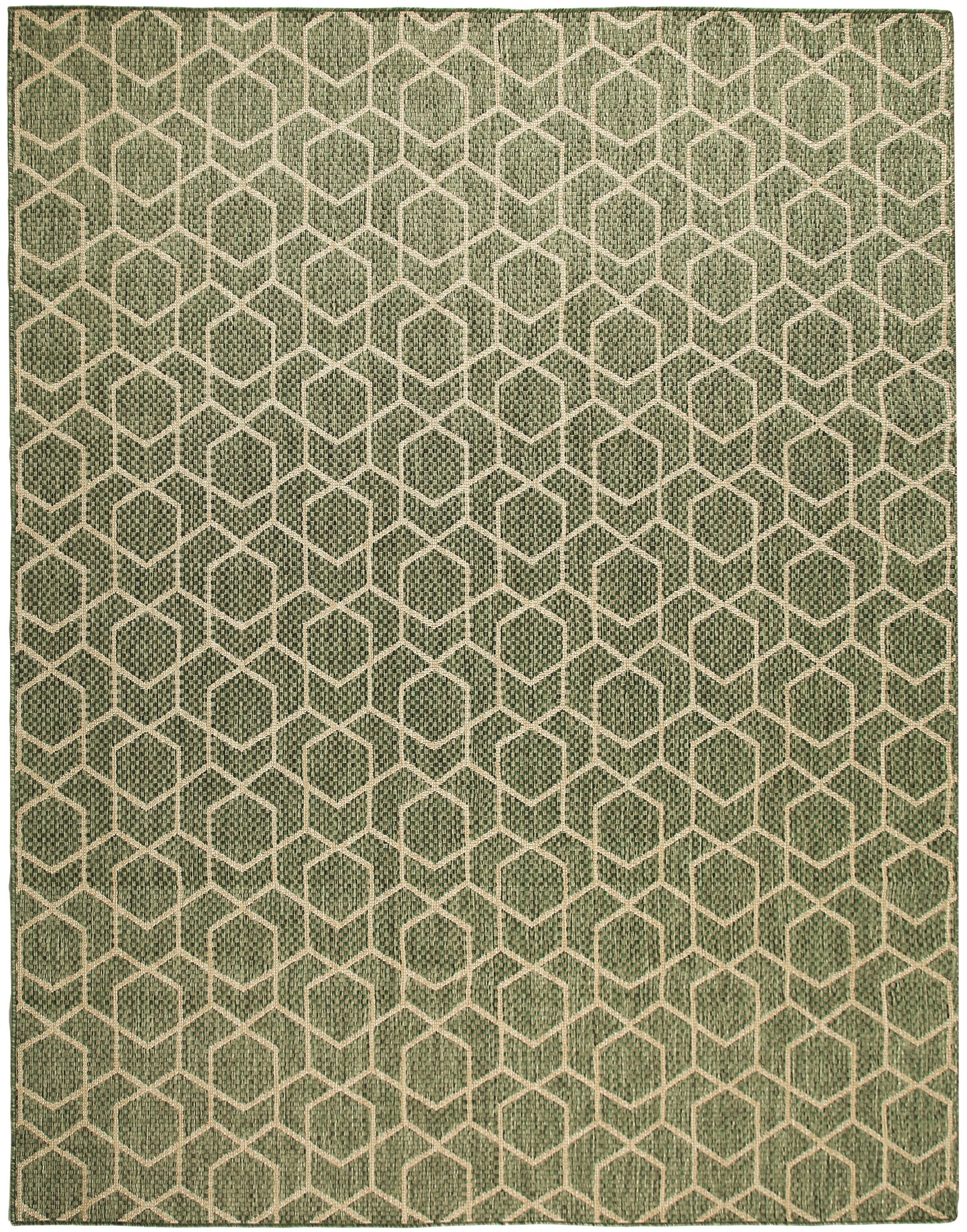 Olive green rug with beige hexagon lattice pattern and woven texture.