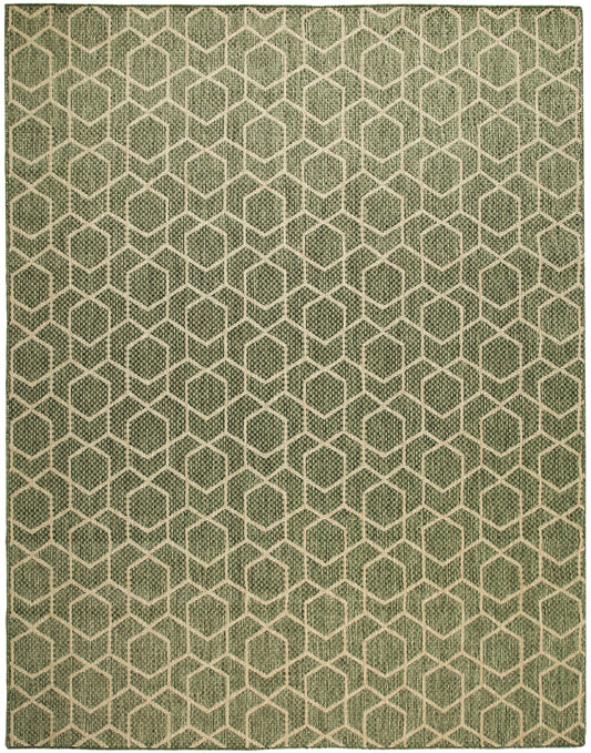 Olive green rug with beige hexagon lattice pattern and woven texture.
