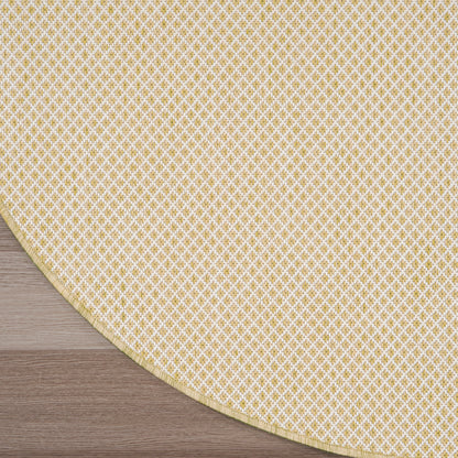 Round beige modern rug on dark wood floor, featuring a beige gradient field and a curved yellow patterned edge.