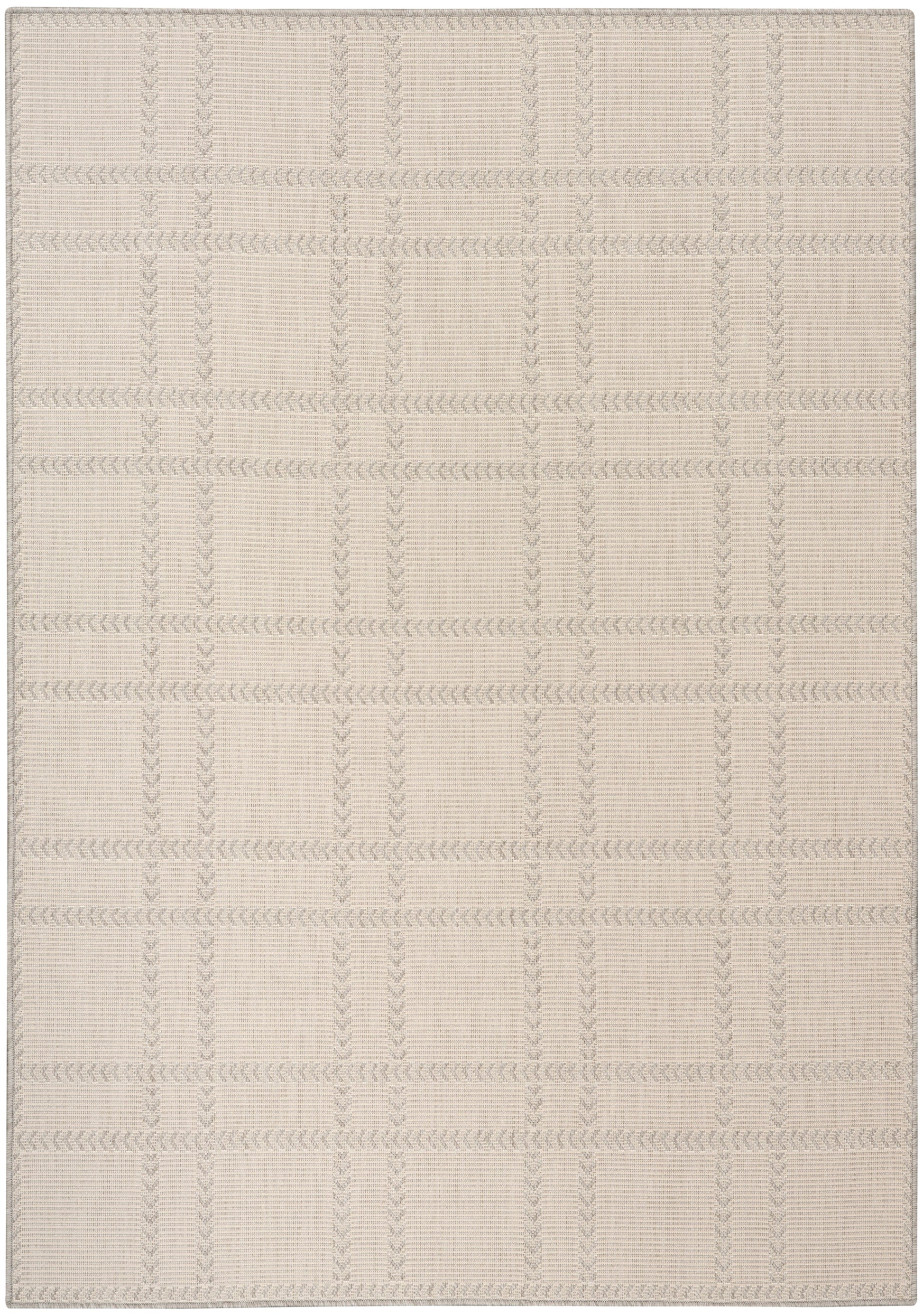 Beige textured area rug with pale woven grid pattern and subtle braided lines; rectangular, cozy for living rooms.