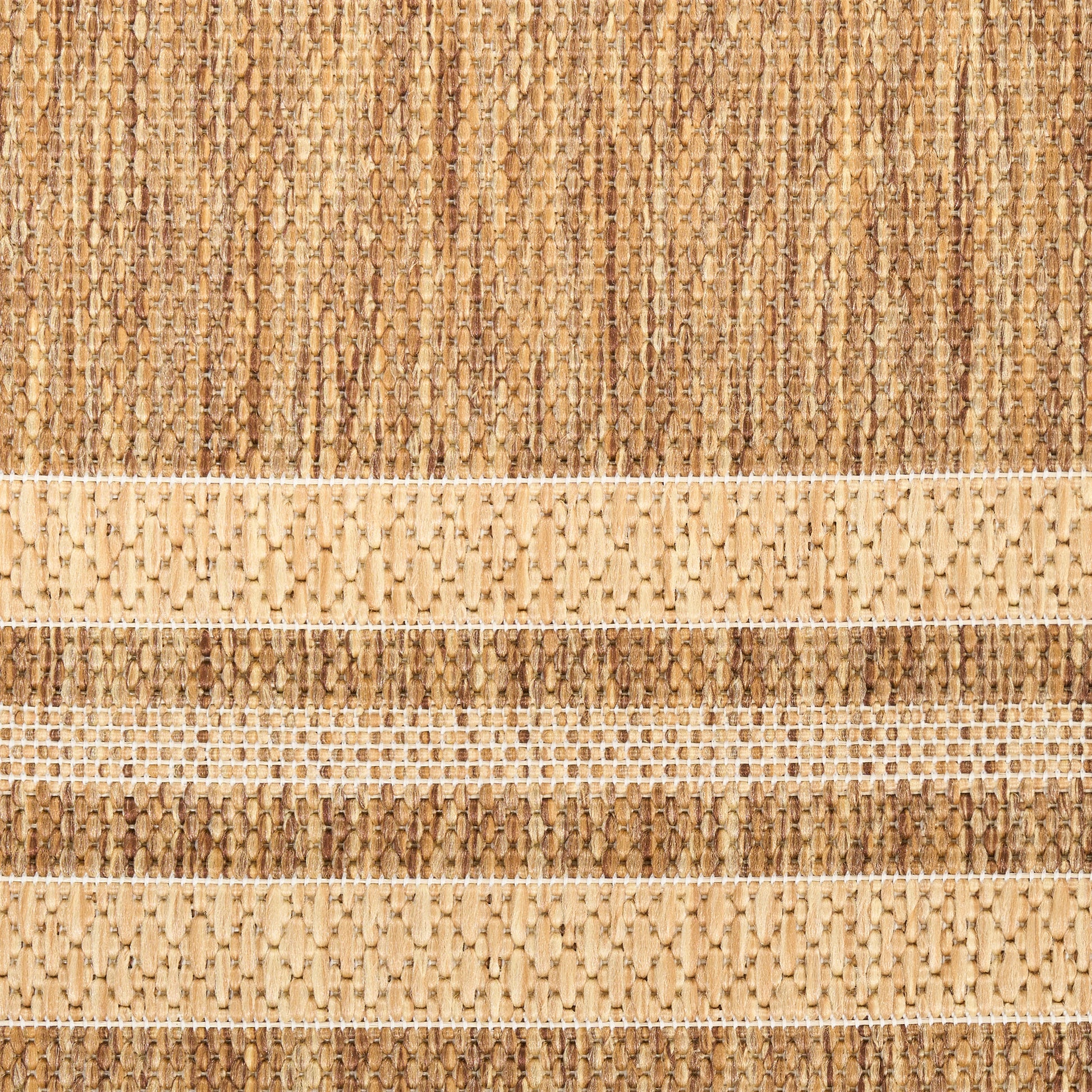 Natural jute rug with beige, tan and brown woven stripes and white accent bands.